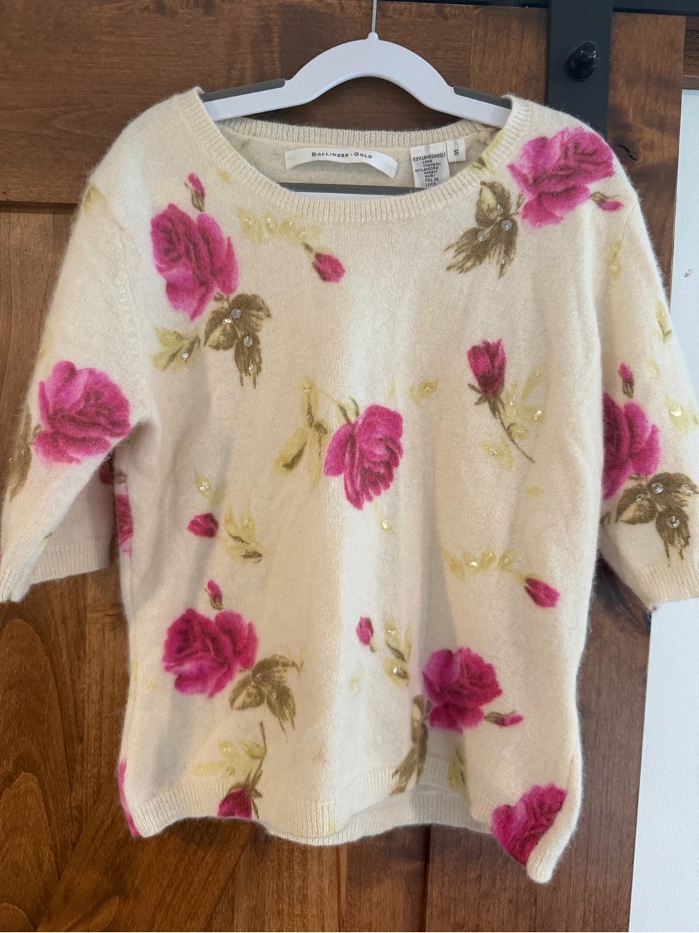 Ballinger Gold Cream Floral wool Blend Sweater with Pink Roses